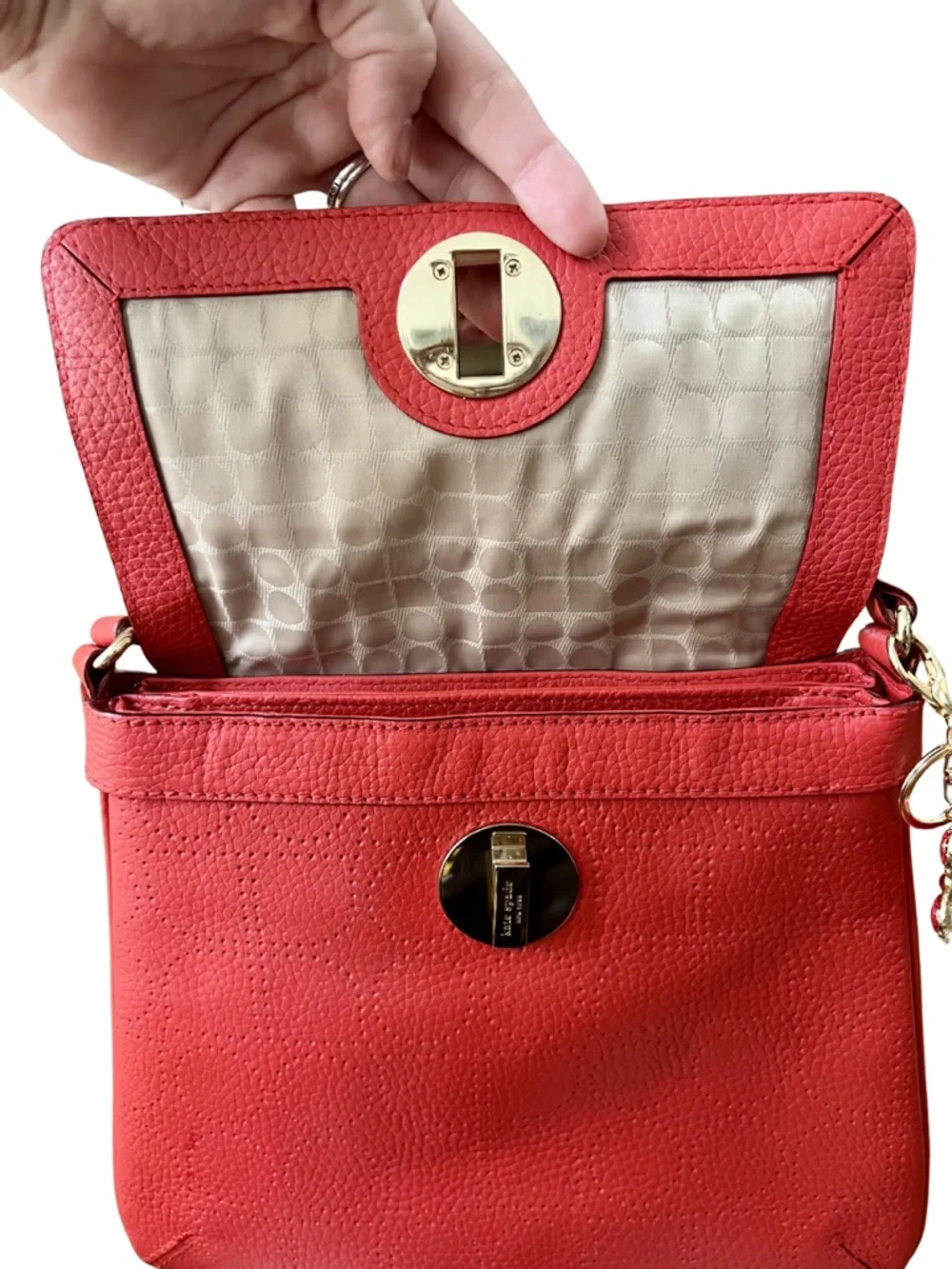 kate spade Red Pebbled Leather Crossbody Hobo with Floral Charm Accent